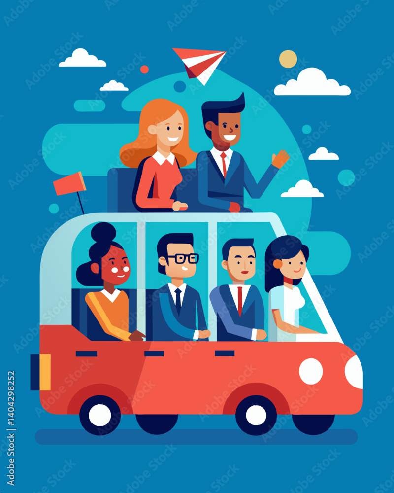 Poster a group of colleagues carpooling to a coworking space instead of each using their own vehicles to co