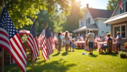 Backyard Memorial Day barbecue with American flags. Family, friends gather, celebrate holiday. Children play, enjoy festive atmosphere. Sunny sky, party, food, drink. Patriotic celebration of