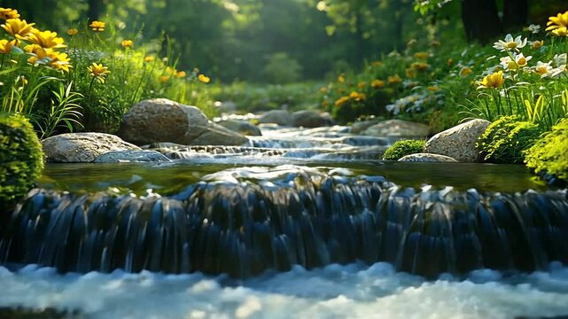 A small stream cascades over rocks surrounded by lush greenery and blooming flowers in sunlight