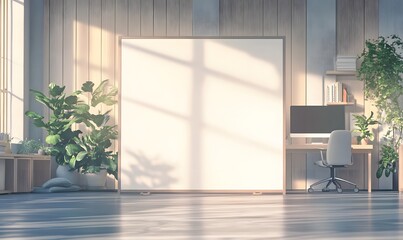 Fototapeta premium Blank wall mockup centered in modern office interior with wooden elements, ideal for branding, artwork, or 3D architectural visualization 