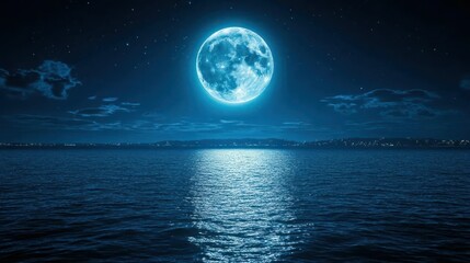 Full moon over calm ocean at night