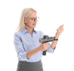 Mature businesswoman massaging her wrist with percussive massager on white background