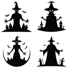 set of vector silhouettes of halloween icons