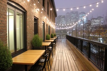 A rooftop bar in the downtown district with skyline views and string lights