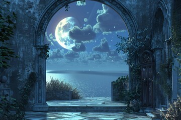Mystical moonlit seascape through ancient stone arch. Fantasy night scene with full moon and clouds. Dreamy landscape for book cover, Halloween or All Saints' Day art.