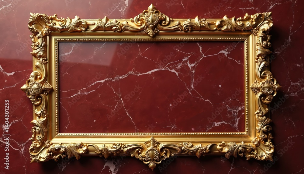 Poster golden baroque frame on red marble background. luxury design with blank copy space inside for art, p