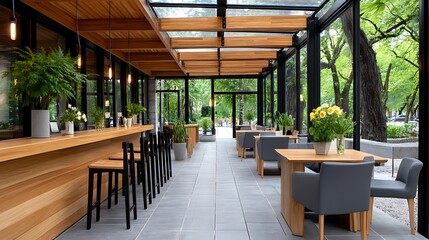 Fototapeta premium Modern Restaurant Interior Design Wooden Bar Glass Walls Outdoor View