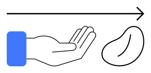 Outstretched hand offering a bean seed with forward-pointing arrow. Ideal for growth, potential, giving, nurturing, opportunity, sustainability, transition. Minimal flat simple metaphor