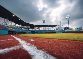 Fototapeta premium Empty baseball stadium with dramatic stormy sky and vibrant field.