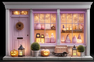 Glowing haunted candy shop window filled with spooky treats