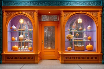 Glowing haunted candy shop window filled with spooky treats