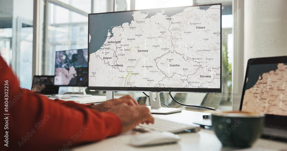 Poster computer screen, hands and wind turbine with business person in office for renewable energy or susta