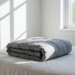 Fototapeta premium Modern cozy flat lay – weighted blanket on white bed, soft natural light, centered text space