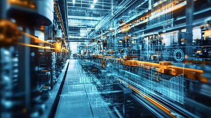 A futuristic industrial setting with a lot of machinery and technology. The image is a representation of a factory or a warehouse with a lot of machinery and technology. The colors are bright