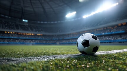 Soccer ball on field under stadium lights, ready for game.