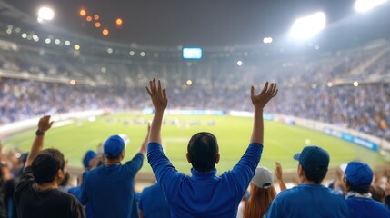Fototapeta premium Fans celebrate a soccer victory under bright stadium lights, cheering with joy and unity.