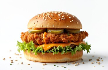Tasty fried chicken sandwich with cheese pickles and lettuce on white background. Perfect food delivery or take away meal for lunch or dinner. Fast food burger isolated on white.