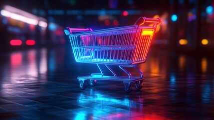 Cyberpunk Shopping: Illuminated Cart Navigating a Neon-Lit Retail Landscape