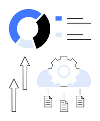 Pie chart data insights, cloud with gear symbolizing automation, files representing synchronization, and arrows denoting growth. Ideal for data analysis, cloud, technology, automation, file