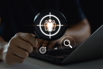 Target customer, buyer persona, client behavior, KYC Know your customer concept. Finding the target audience of a business, marketing to find customers, customer service. Digital marketing online.