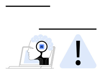Human-thumbs up AI head emerged from laptop beside warning sign with exclamation mark. Ideal for technology ethics, AI safety, error management, innovation, cybersecurity, data risks, flat simple