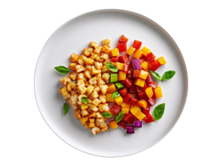 Exquisite plate of gourmet food displayed on a black background highlighting culinary art and presentation skills isolated on a white background.