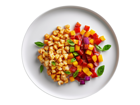Exquisite plate of gourmet food displayed on a black background highlighting culinary art and presentation skills isolated on a white background.