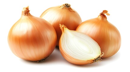 Fototapeta premium Three Golden Onions, One Sliced: A Culinary Still Life