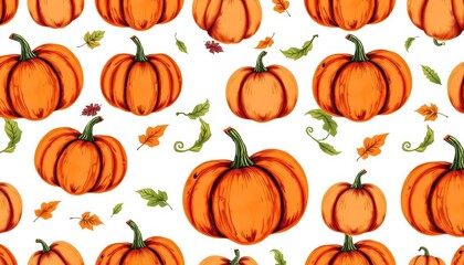 Adorable hand-drawn pumpkin harvest seamless pattern; perfect for autumn & Halloween backgrounds, orange, october