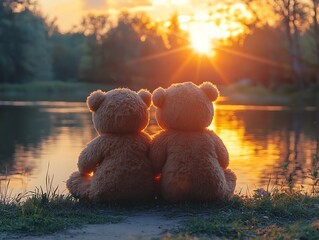 Teddy Bears Sunset Riverside