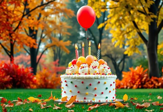 Autumn park birthday cake, colorful balloons float amidst vibrant fall foliage, orange, vibrant