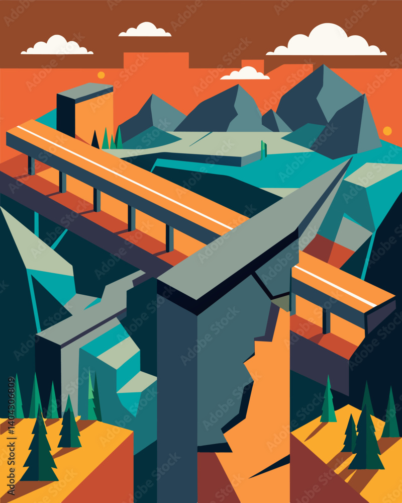 Poster a crumbling infrastructure with broken roads and bridges.. vector illustration