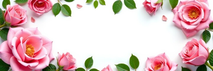 Festive pink rose border with green leaves on white backdrop, background, celebration