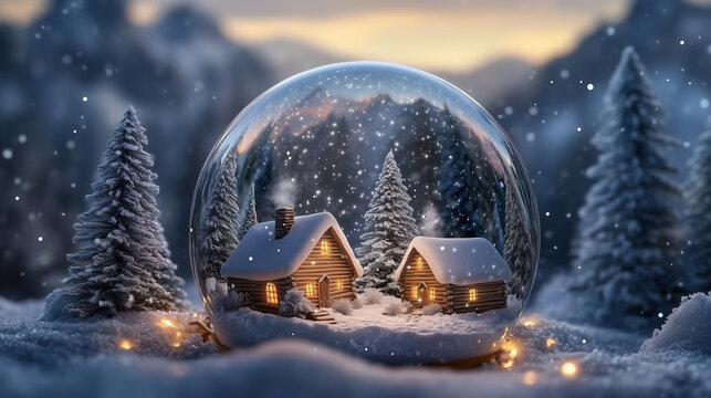 Snow globe with winter cabin scene - Powered by Adobe