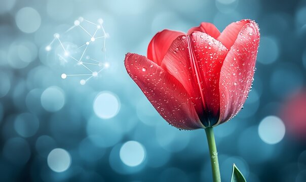 Red tulip with water drops in macro view symbolizing World Parkinson's Day, hope, neural care, and global health awareness
