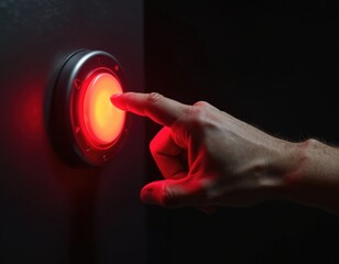 Index finger presses red button. Hand touching power switch. Concept start stop. Technology activation control. On off functionality. Digital user interface.