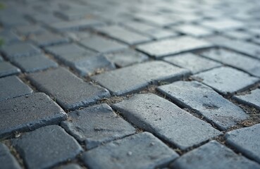 Obraz premium Close-up of grey paving tiles texture. Geometric pattern forms rough surface for urban design, exterior architecture, minimalist layout. Stone paving tiles, sidewalk details, square slabs, building