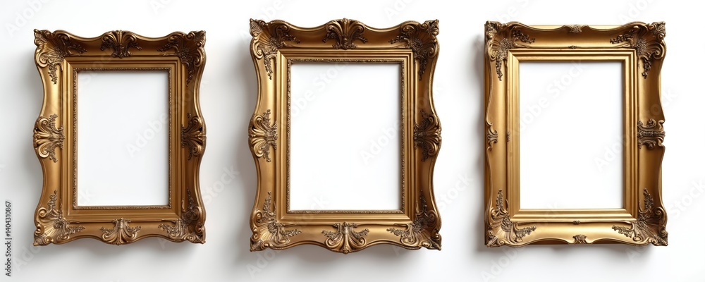 Poster set of three ornate golden picture frames isolated on white background. classic design with baroque 