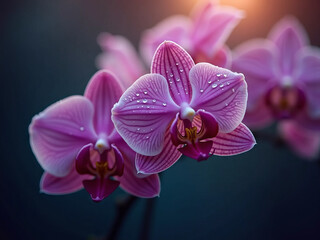 Photographie macro d'une orchidée tachée de gouttes de rosée, éclairée par le doux éclairage du crépuscule : une magnifique détails