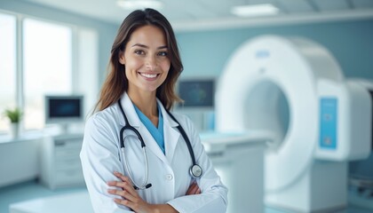 Smiling radiologist doctor in modern clinic, medical background. Woman wears lab coat, stethoscope, arms crossed, confident pose. Health care professional, diagnostic medical technology.