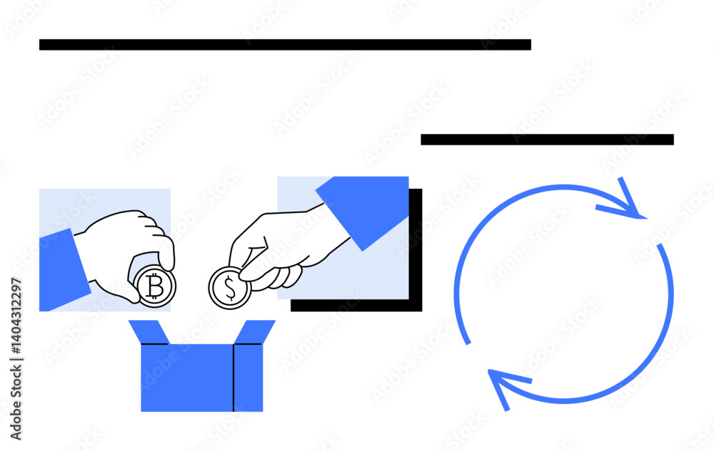 Poster hands exchanging coins labeled with currency, open box receiving currency, circular arrow cycle on t