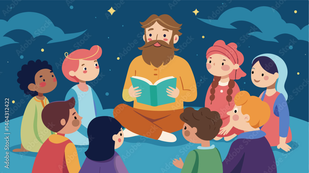 Poster a group of children ed around a storyteller eagerly listening to a folktale from a different part of