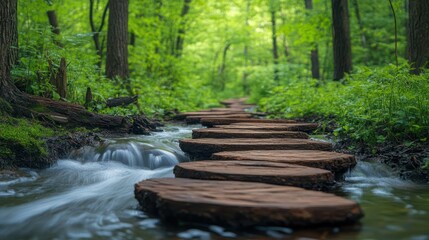 Fototapeta premium Wooden stepping stones over a tranquil forest stream. Lush green forest pathway