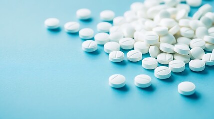 White Pills on Blue Background: Medical Image