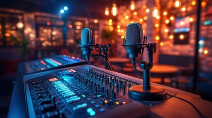 Professional audio equipment setup in a trendy music venue
