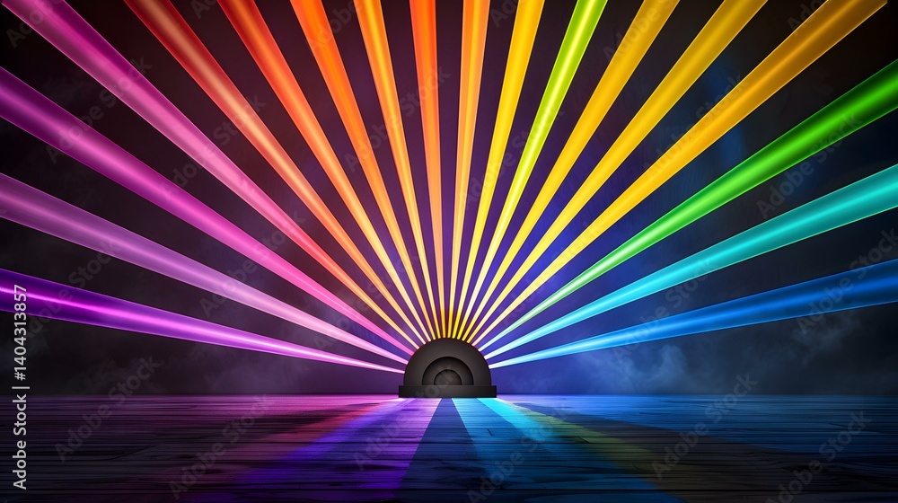 Poster a dark wooden floor is illuminated by a vibrant array of rainbow-colored laser beams converging on a