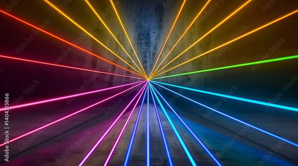 Aufkleber the image contains multiple brightly colored neon lines radiating from a central point on a dark, te