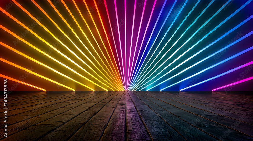 Poster a dark wooden floor is illuminated by a vibrant array of neon rainbow-colored lines radiating from a