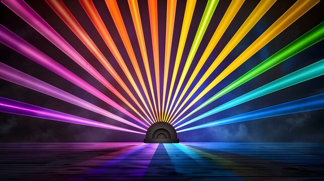 A dark wooden floor is illuminated by a vibrant array of rainbow-colored laser beams converging on a circular, tiered platform in the center.