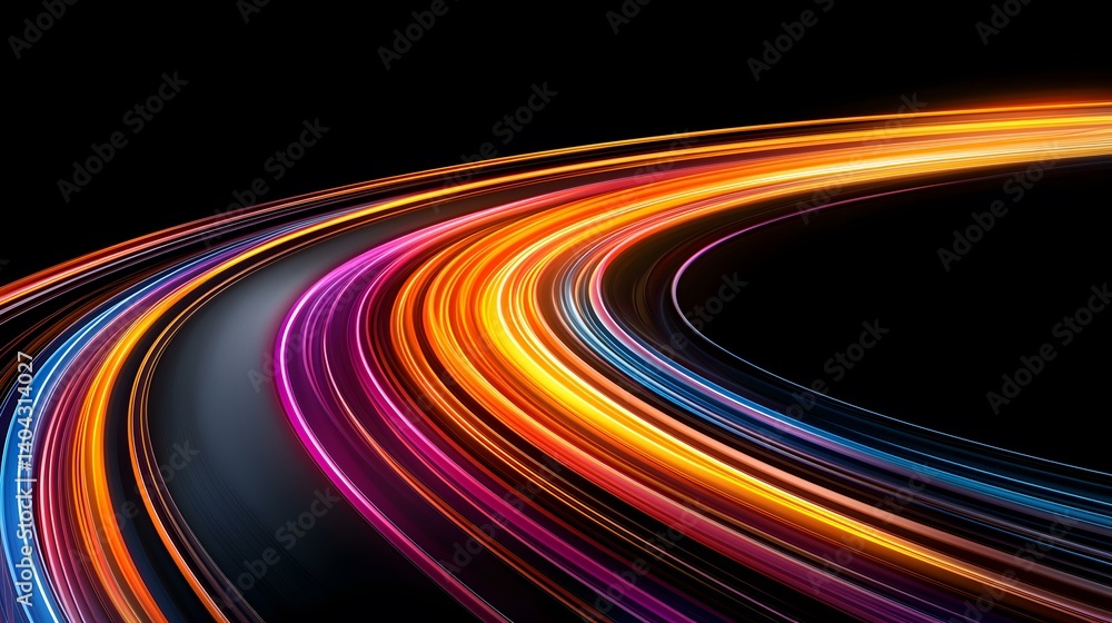 Poster the image contains a dynamic abstract design featuring vibrant, multicolored streaks of light curvin
